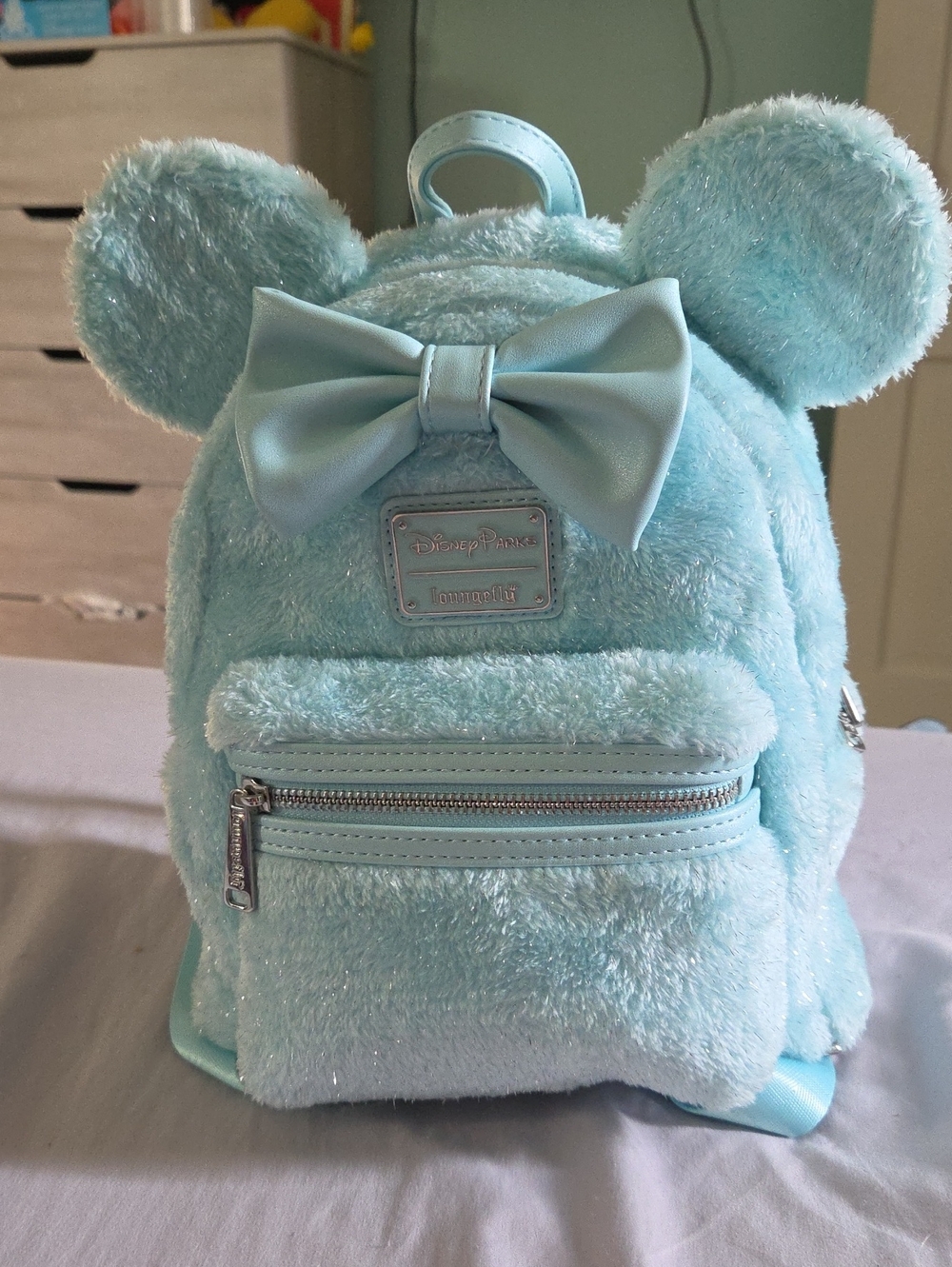 Disney Light Blue Plush Loungefly Minnie Mouse Backpack with Bow